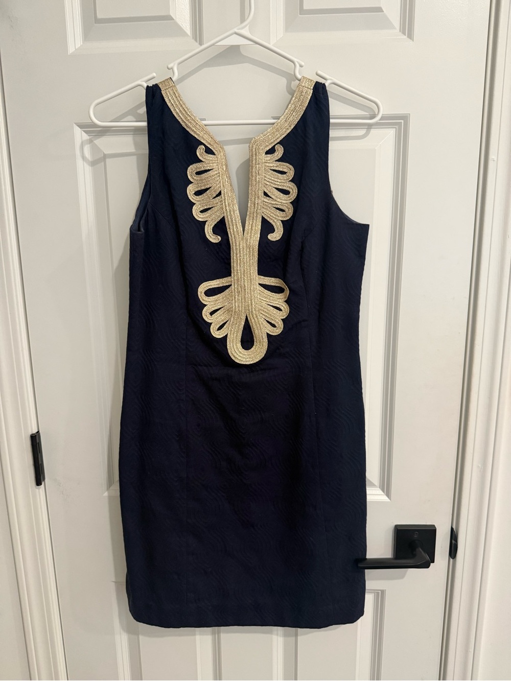 Navy Sleeveless Dress with Gold Embroidered Placket